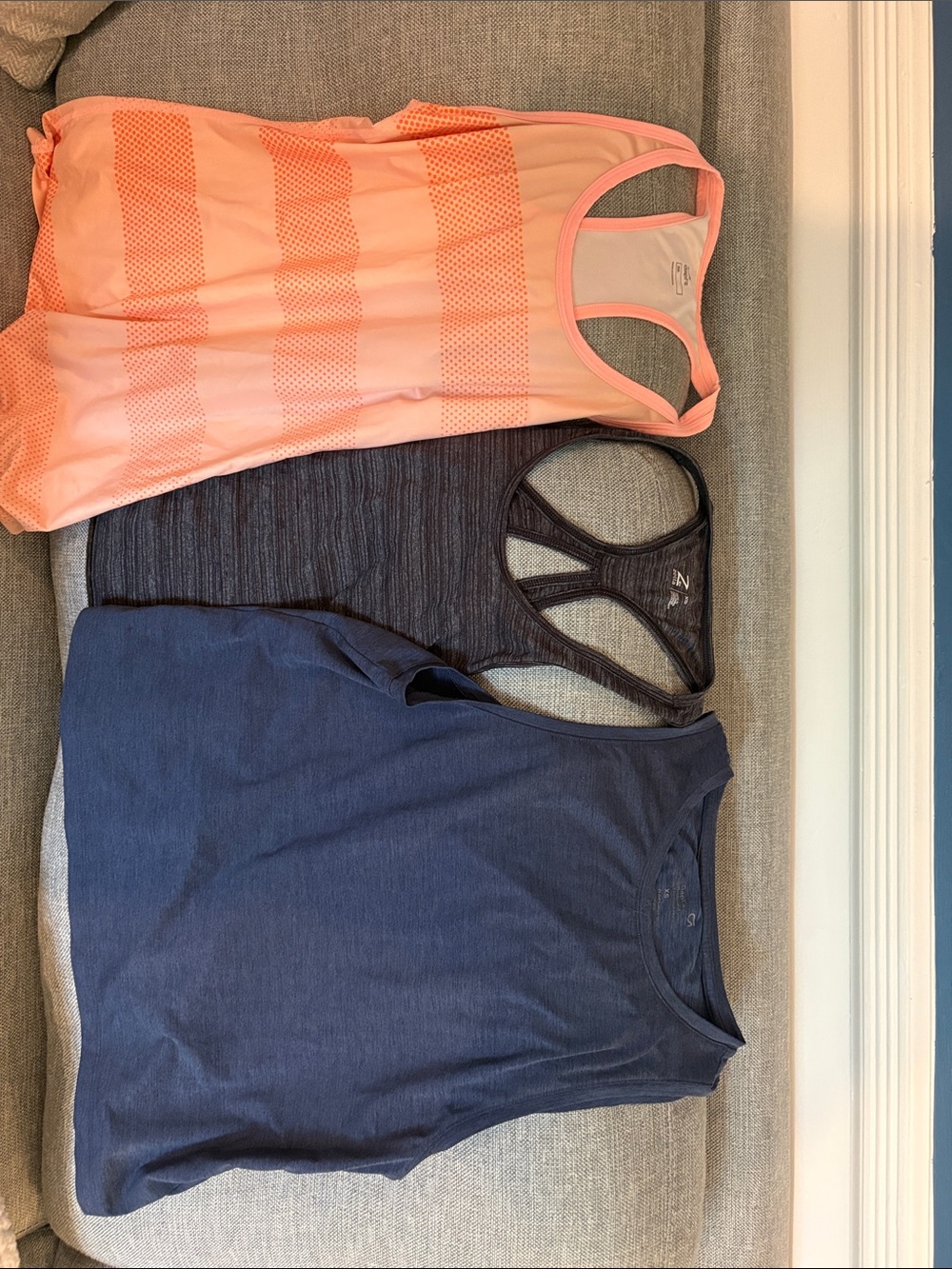 3 Women's Athletic Tank Tops - Coral, Charcoal, Navy -2 are Gap Fit